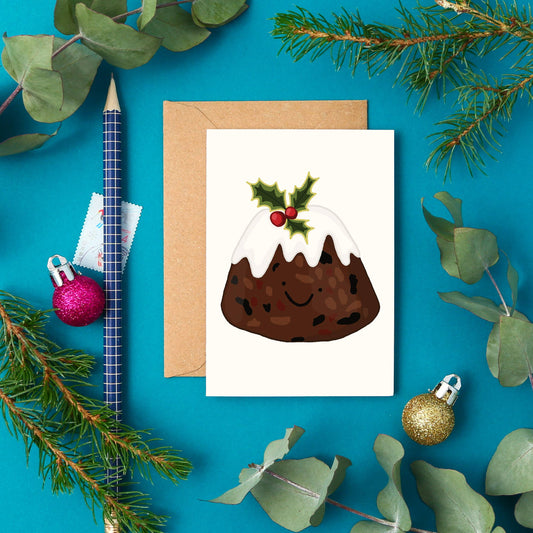 Hand-drawn Christmas Pudding Card, ideal for foodie gifts, stocking fillers, sustainably sourced, printed in the UK