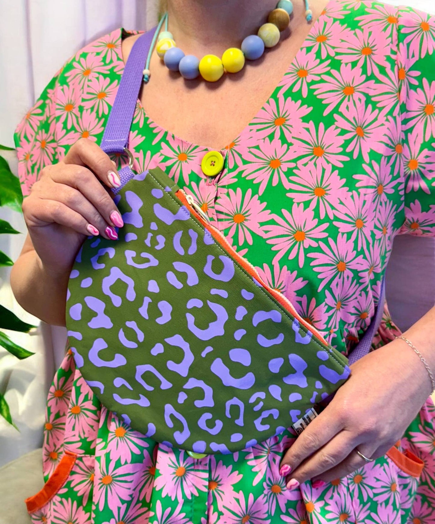 Khaki & Lilac Handprinted Waxed Canvas Crossbody Bag, Eco-friendly