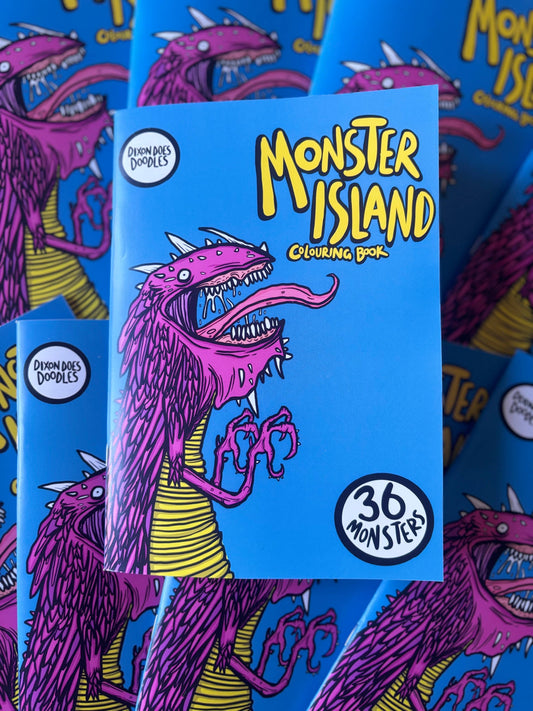 Monster Island Colouring Book A5 by Dixon Does Doodles, 36 monster pages for kids, UK designed creative activity.