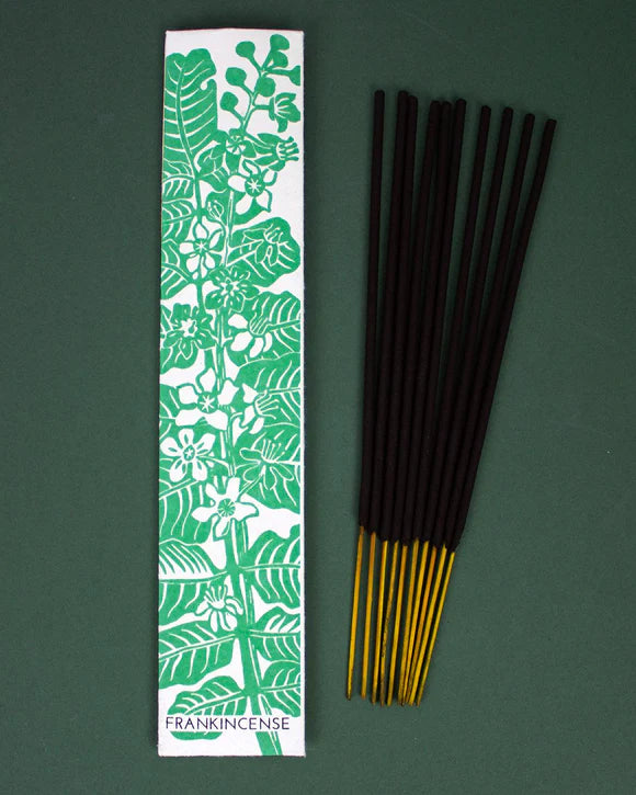 Luxury incense sticks in eco-friendly recycled paper packaging with botanical hand screen-printed design, handmade in India by disabled artisans.
