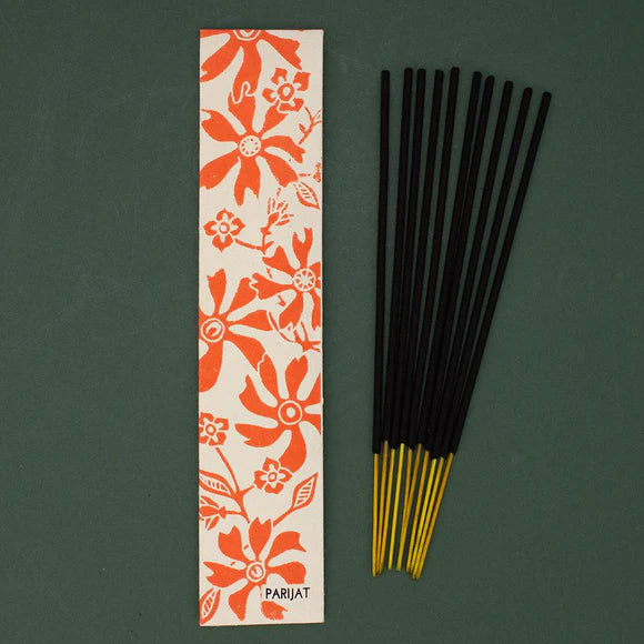 Luxury incense sticks in eco-friendly recycled paper packaging with botanical hand screen-printed design, handmade in India by disabled artisans.