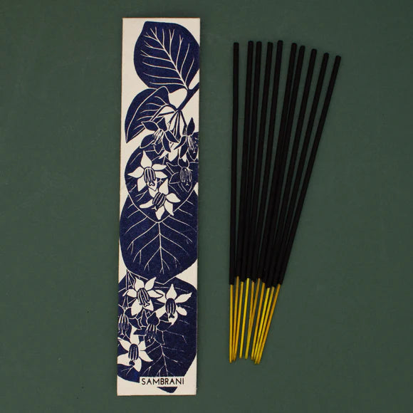 Luxury incense sticks in eco-friendly recycled paper packaging with botanical hand screen-printed design, handmade in India by disabled artisans.