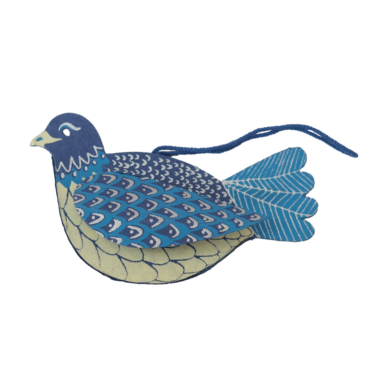 Back view of screen-printed Dove ornament, handmade in Jaipur