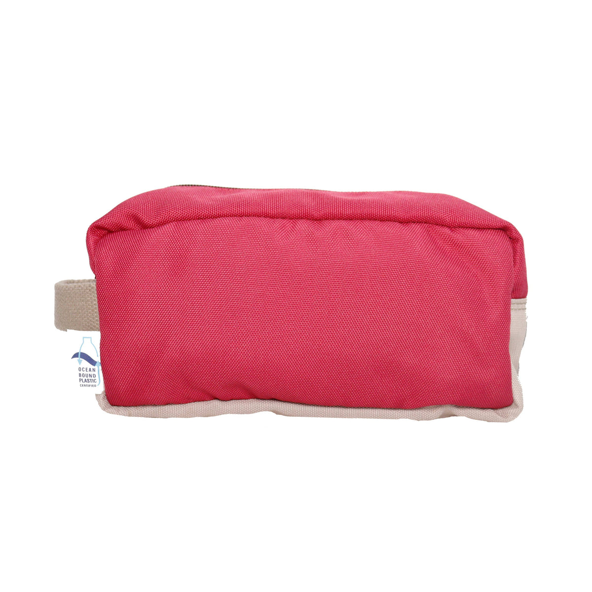 Side view of pink recycled ocean bound plastic wash bag