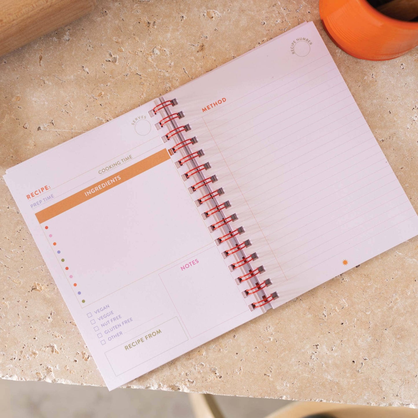 This wire-o bound, blank recipe journal are made up of 128 pages which include handy cooking conversions, index pages, 52 double spread recipe pages, and note pages at the back. With space to add up to 52 recipes. It’s deliciously colourful throughout with a fun, illustrated vine tomato cover.