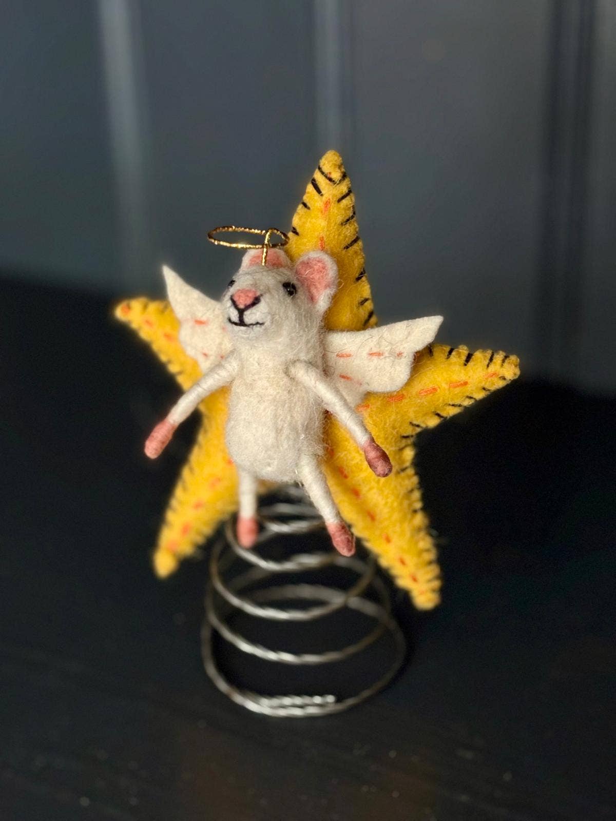 Close-up of Sew Heart Felt Star of Wonder mouse tree topper, sustainable festive decor