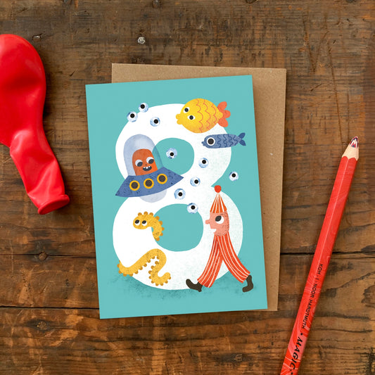 Card with number 8 design featuring underwater characters.