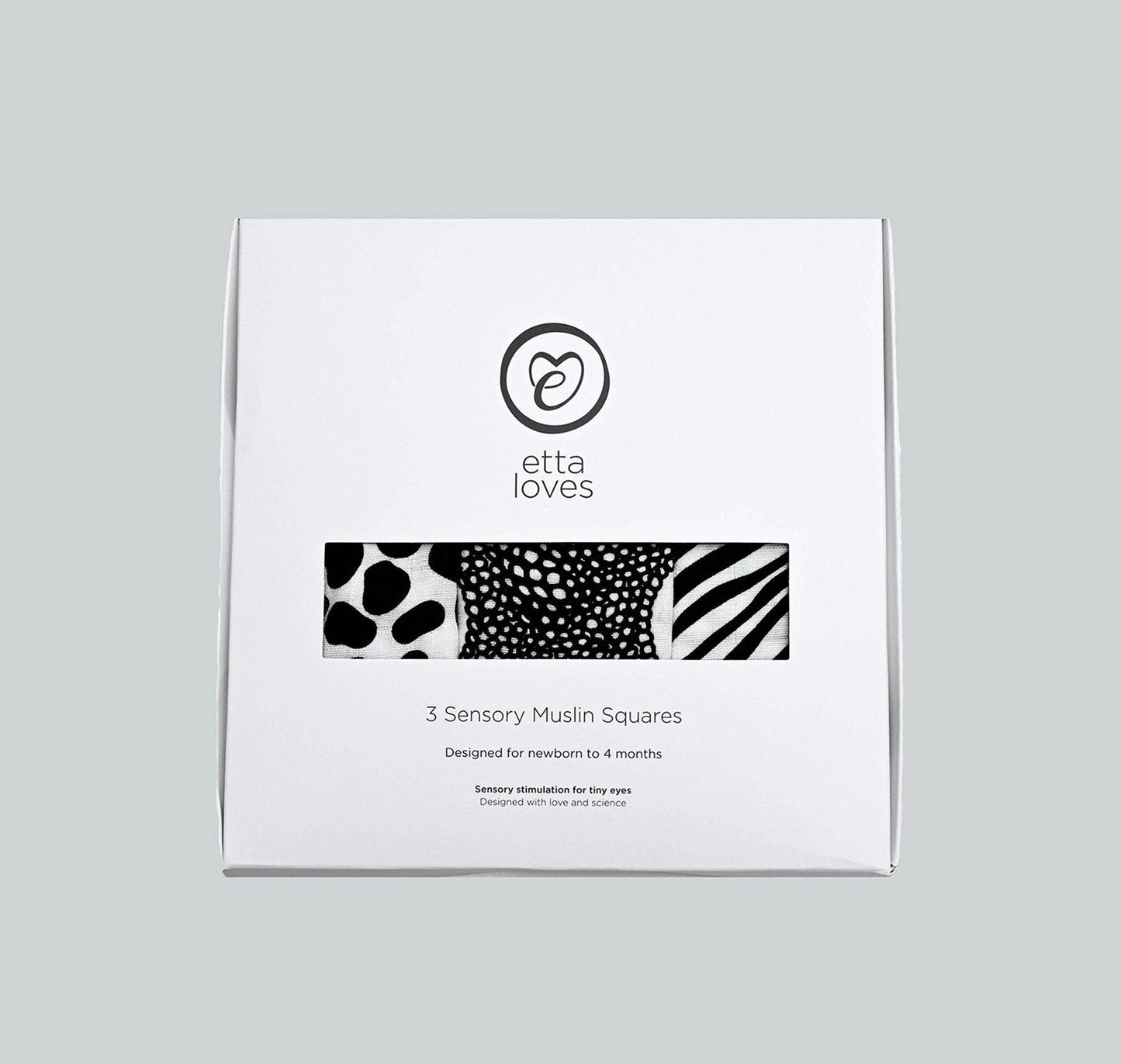 Set of three black and white sensory muslins by Etta Loves featuring zebra, starfish, and dalmatian patterns, made from GOTS-certified organic cotton, 60cm square each.