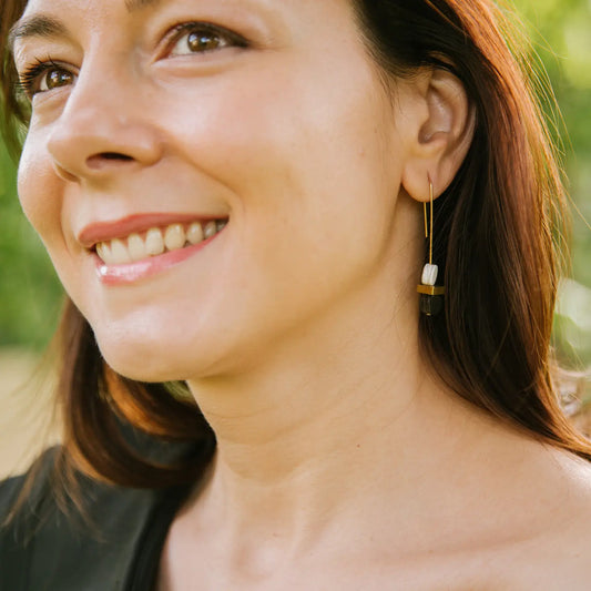 Copper Bee Monochrome Double Bead Earrings, styled shot showcasing the full 50mm drop and elegant design.