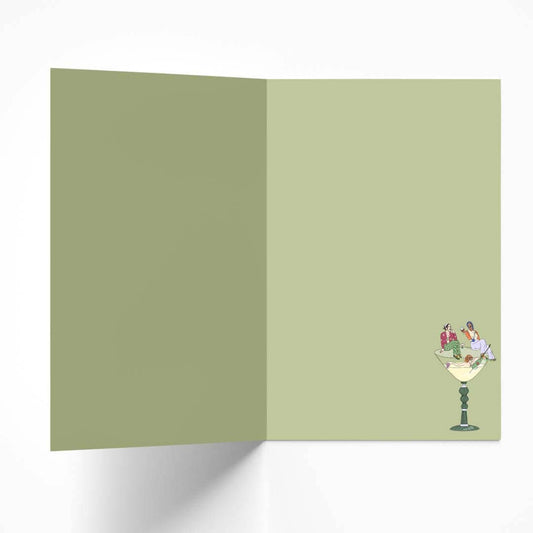 Inside of the mint green cocktail birthday card, showing a matching small illustration in the bottom right corner.