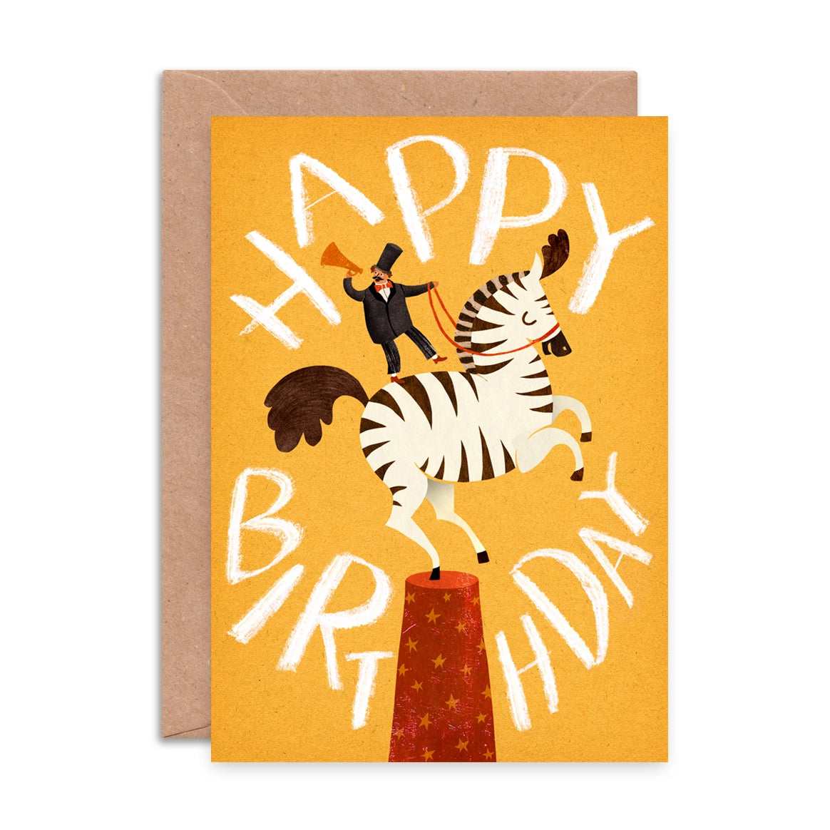 Set of six assorted circus animal greeting cards by Emily Nash, printed on sustainably certified matte card with recycled kraft envelopes, in a cardboard gift box.