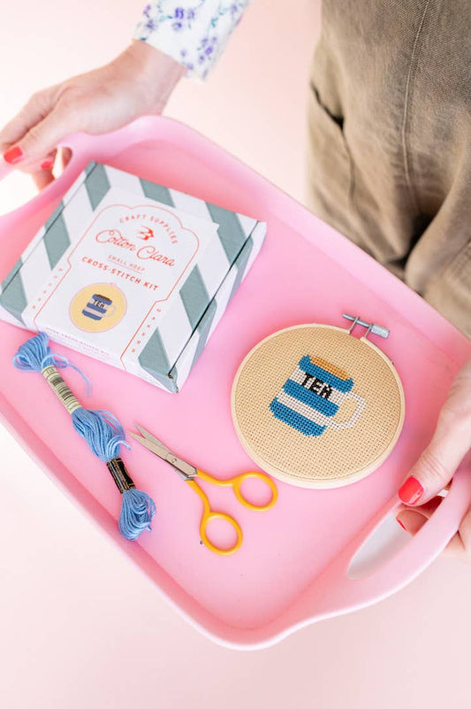 Tea Cross Stitch Kit Contents | Wooden Hoop, Aida Fabric, Thread