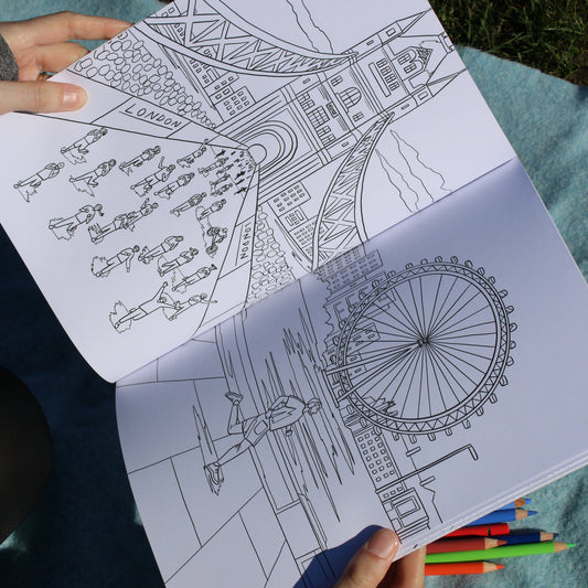 Inside page of Running London adult colouring book showing runners
