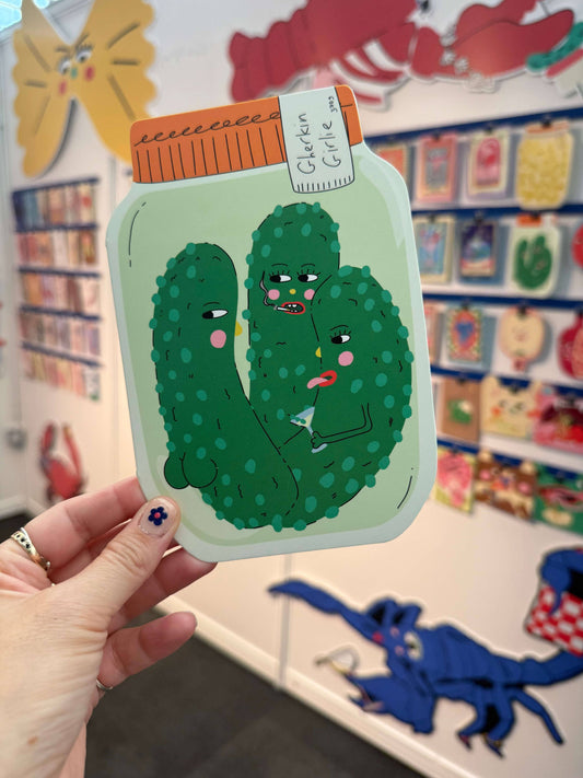 Gherkin Girlie Die Cut Greeting Card, back view, 'fruity booty' illustration