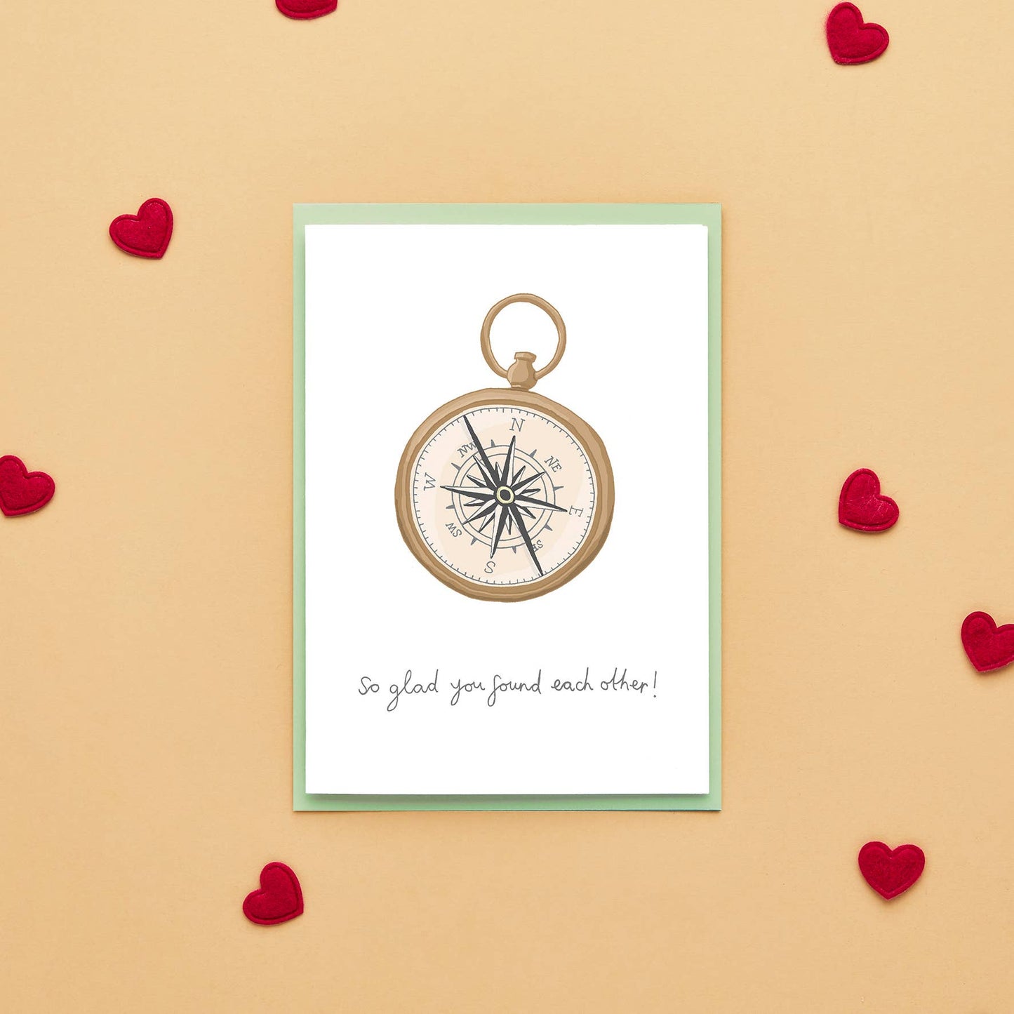 Celebrate their journey with this elegant wedding or engagement card, featuring a hand-drawn illustration of a compass and the heartfelt caption "So Glad You Found Each Other." This unique design is perfect for sharing warm wishes with couples who’ve found their true north.