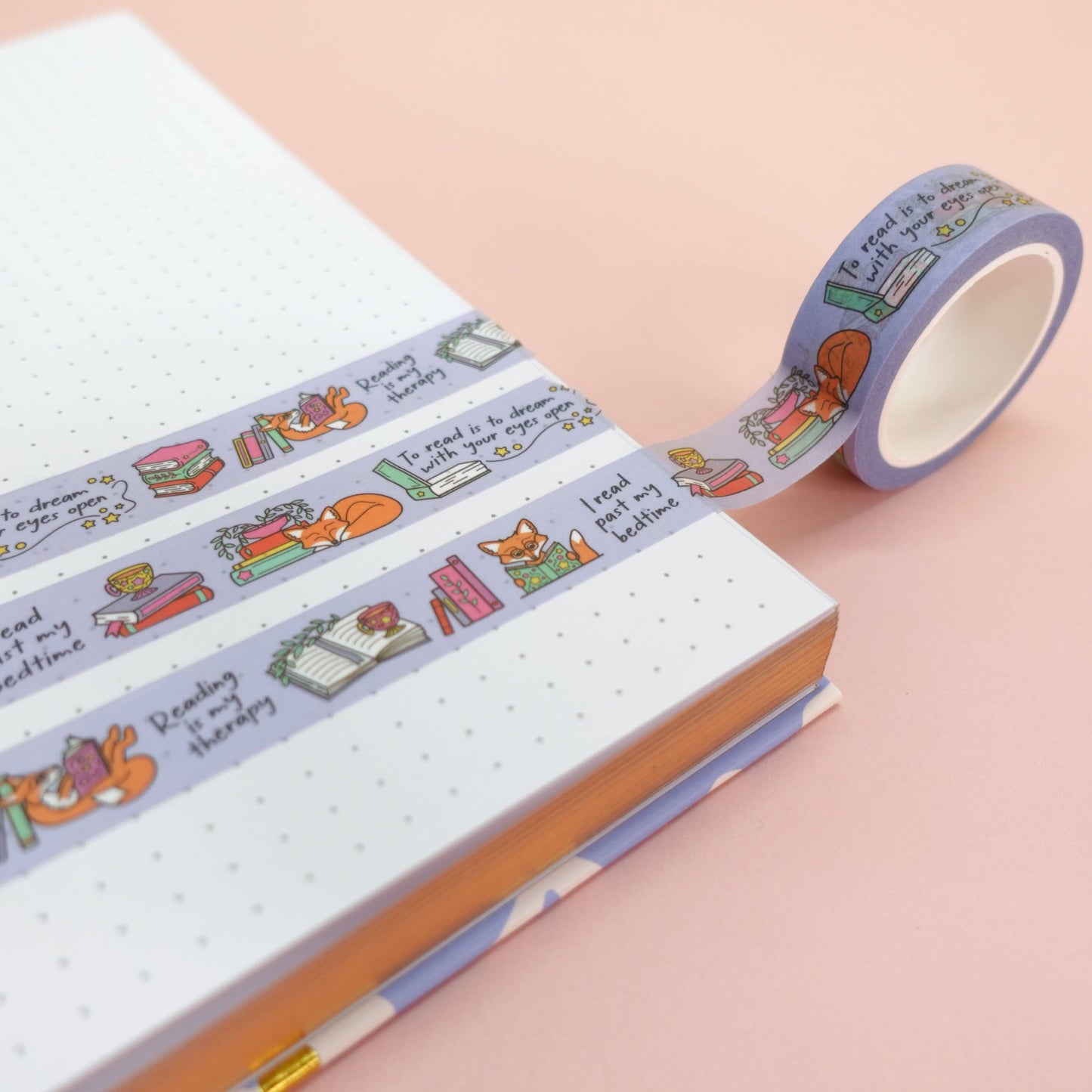 Cosy washi tape with Maple the Fox and bookish illustrations, fun reading quotes, eco-friendly paper packaging—great for planners, crafts, and gifts.