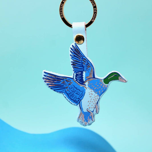 Holy Duck leather key fob with embossed flying duck and 'Holy Duck' text, gold ring, British made.