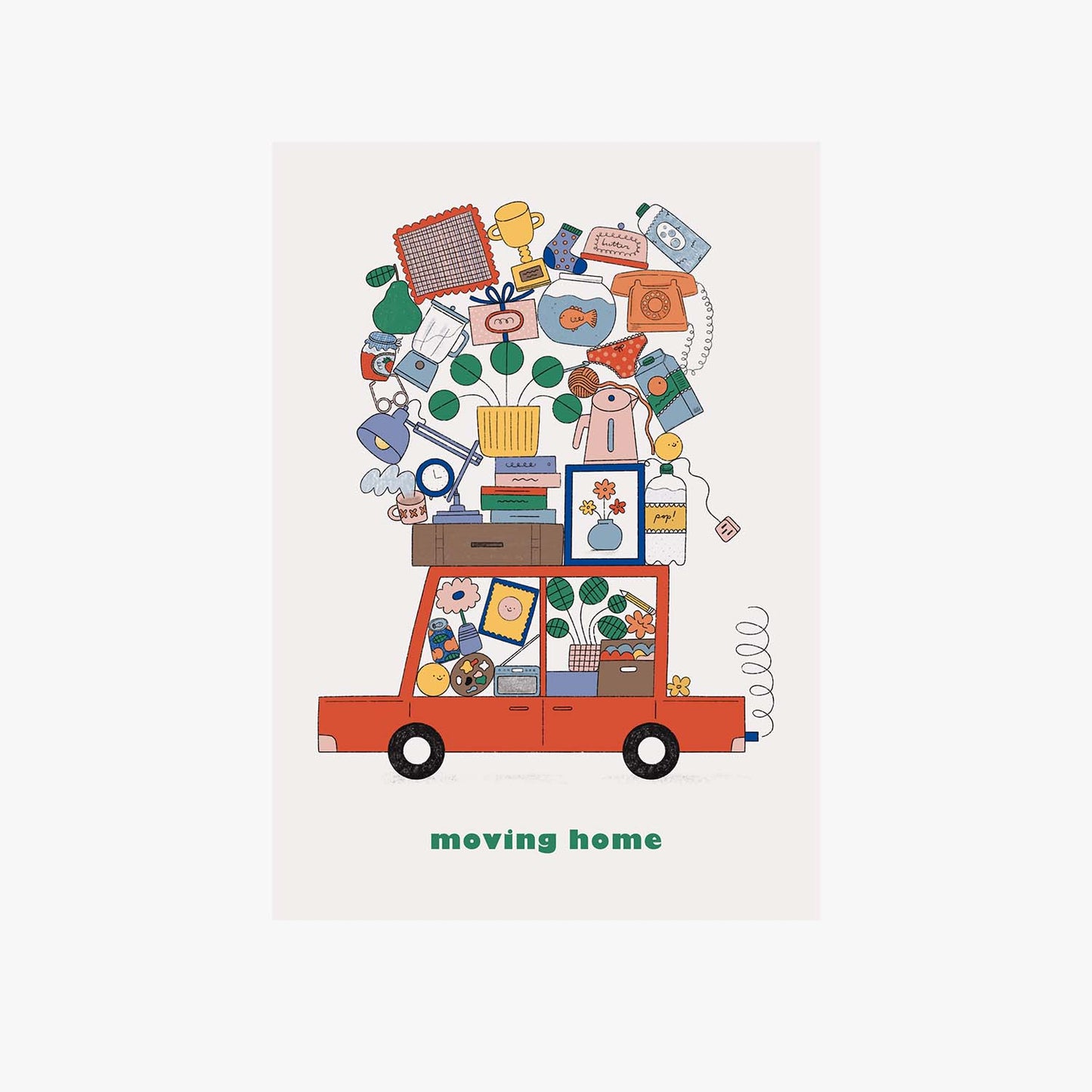 Moving Home Greetings Card by Holly Fuller, colourful car and boxes illustration, sustainably sourced 300gsm plastic-free card with kraft envelope, eco-friendly UK made greeting