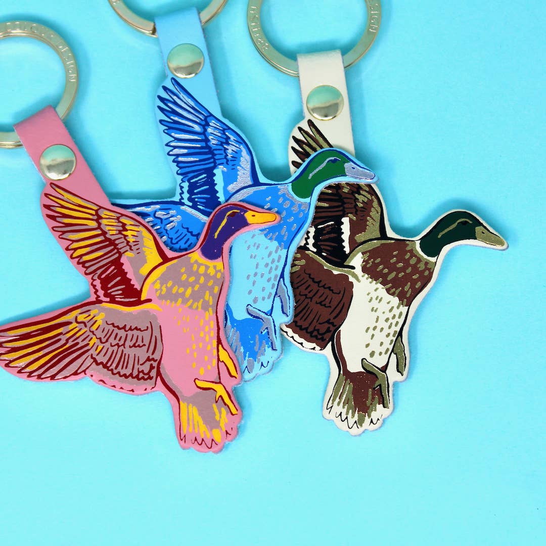 Holy Duck leather key fob with embossed flying duck design and text, British made by Ark Colour Design.