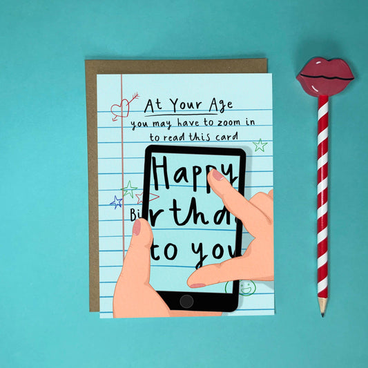 Back of A6 funny birthday card showing premium textured card stock and Kraft envelope