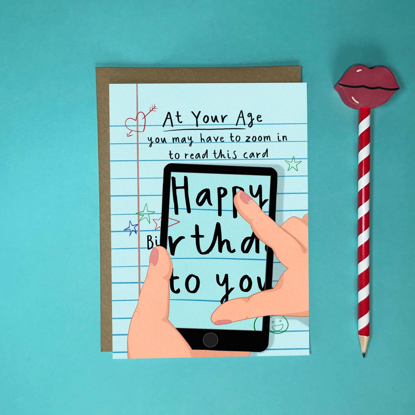 Back of A6 funny birthday card showing premium textured card stock and Kraft envelope