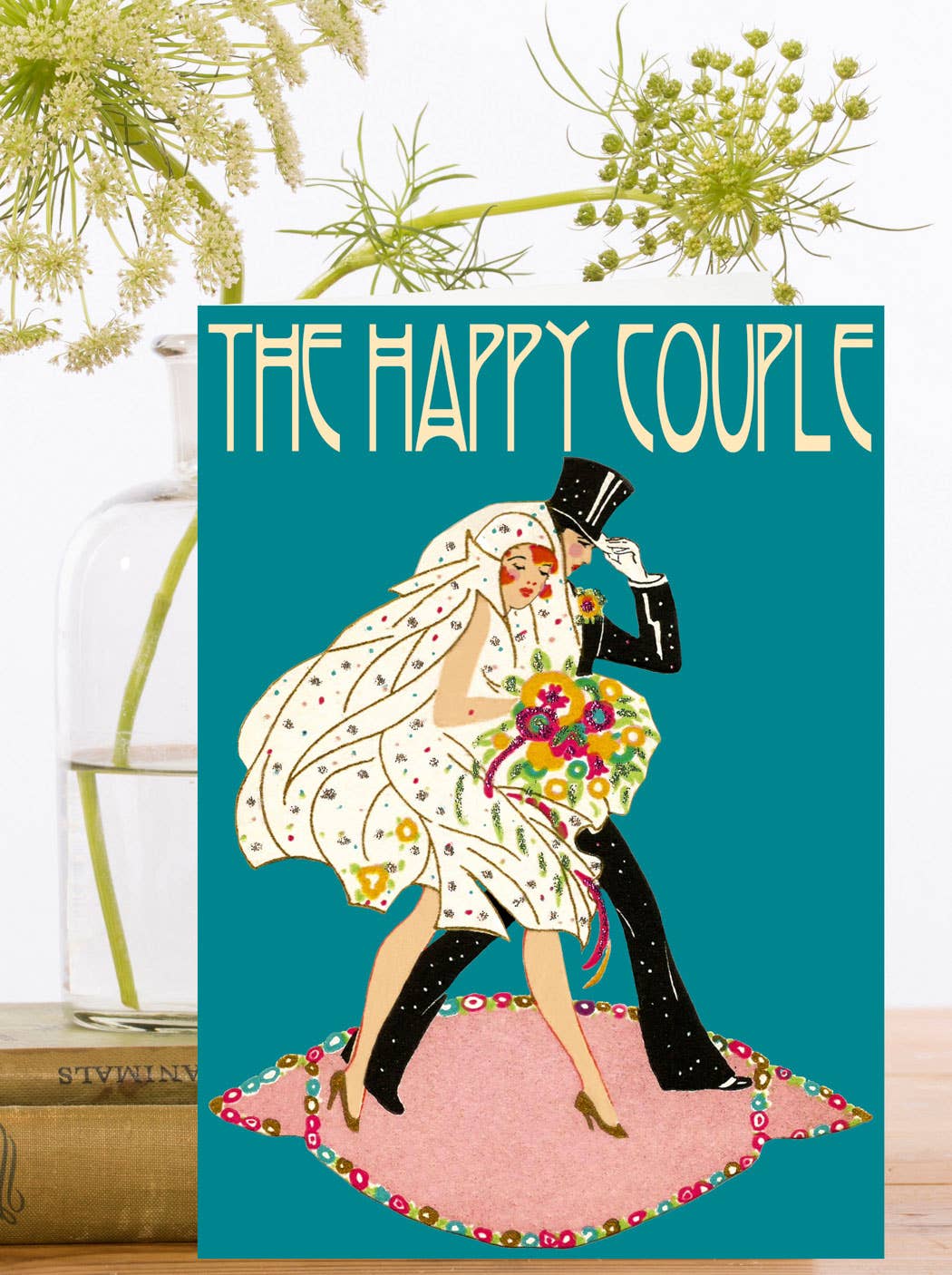 Vintage 1930s Happy Couple Wedding Card with Hand Glitter, Sustainable