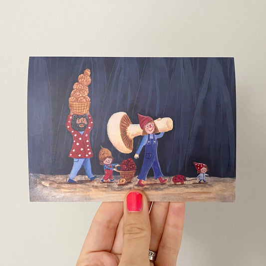 Close-up of Elf Mushroom Foragers Greeting Card A6 design, showing detail