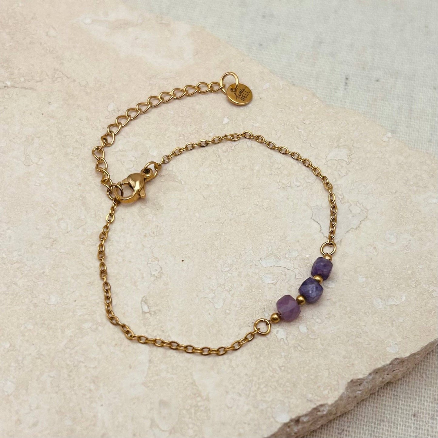 Little Nell amethyst trio bead bracelet, 18K gold-plated, waterproof and fully adjustable