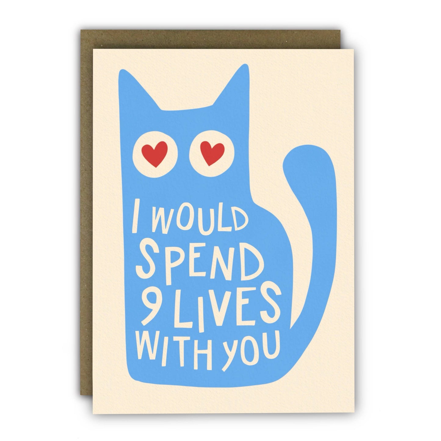 Funny cat anniversary card featuring a 'Nine Lives' design, with a rustic Kraft envelope on a natural background.
