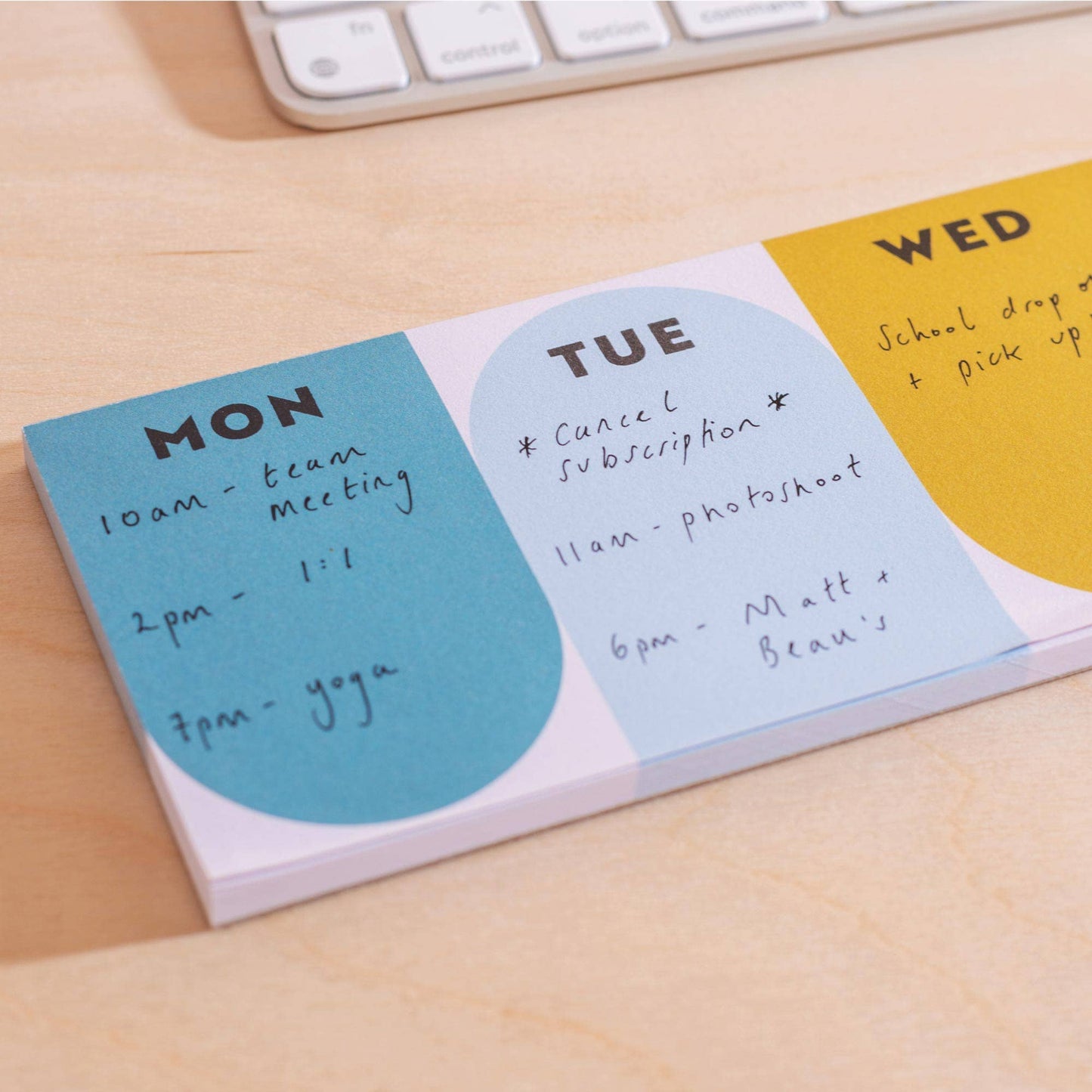 A simple keyboard weekly planner pad in contrasting colours to help with organisation - a perfect addition for the WFH desk, office or dorm room. The planner runs from Monday to Sunday and features daily boxes for important tasks and notes.
The compact size is designed to sit above a keyboard neatly. Makes for a lovely, practical stationery gift for anyone working from home, students or busy parents.