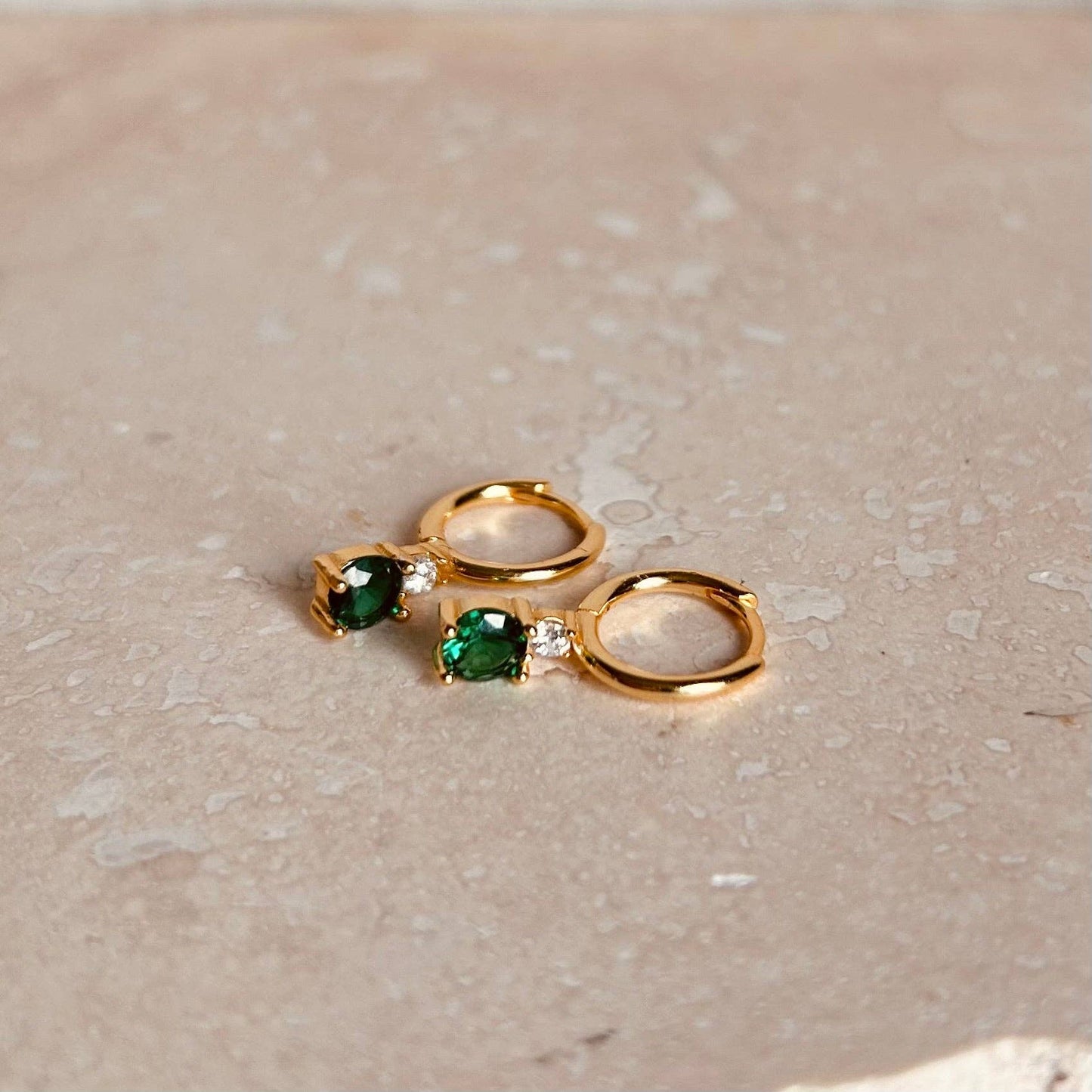 Little Nell gold green diamanté huggie hoops, gold vermeil, sterling silver, 11mm wide, 16mm tall