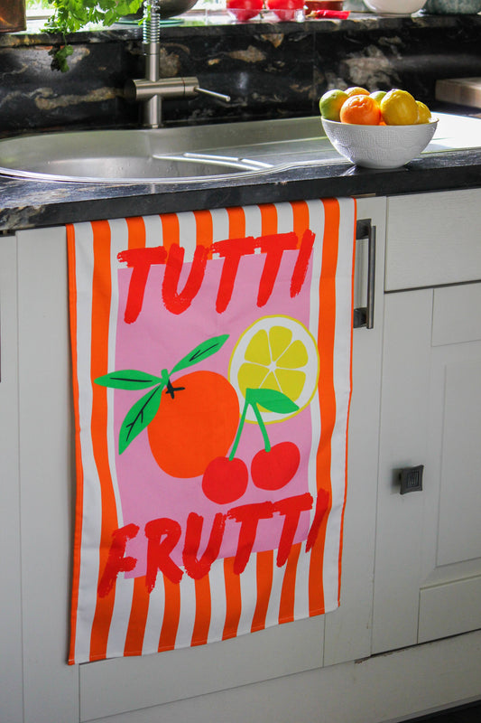 Close up of colourful fruit stripes on cotton tea towel