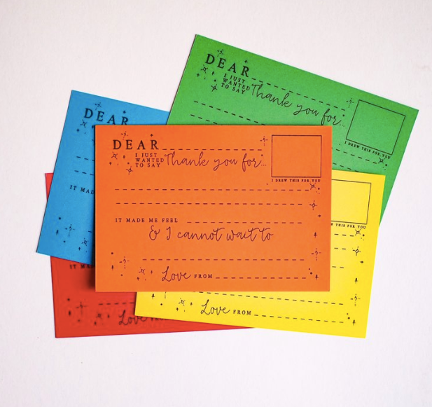 Set of 5 children’s colourful thank you cards by Soch & Co., hand letterpress printed with fill-in-the-blank prompts and drawing box, with matching envelopes.