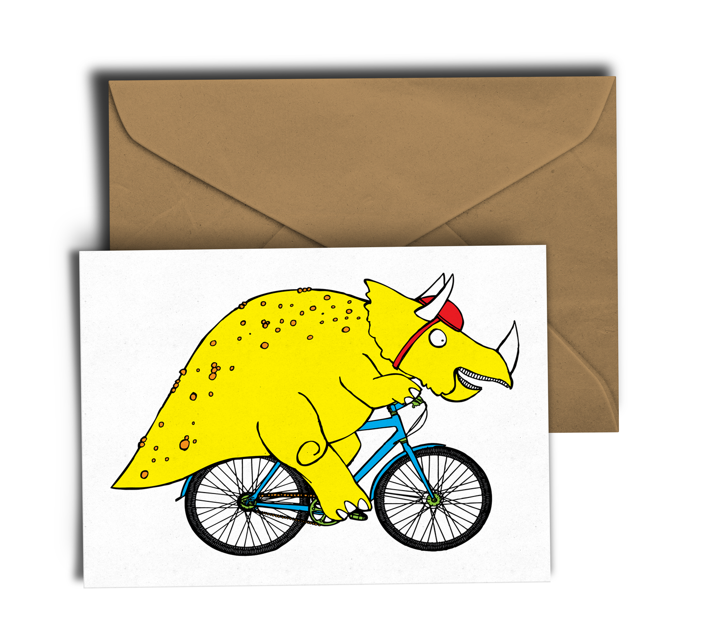 Triceratops dinosaur wearing a helmet and cycling on a bicycle, featured on an A6 sustainably sourced greetings card with a recycled kraft envelope.
