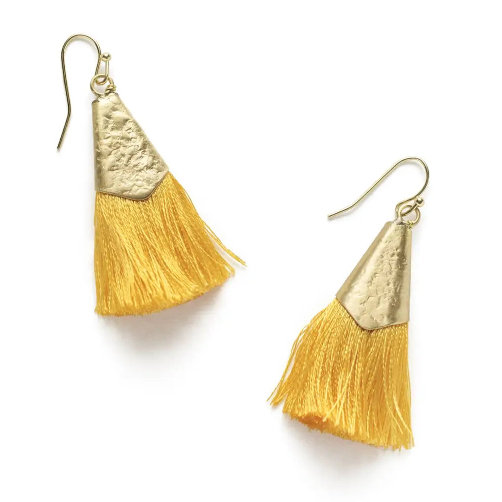 A bohemian style tassel earring. Handcrafted using recycled nickel-free brass and recycled sari threads. Yellow Sari threads.