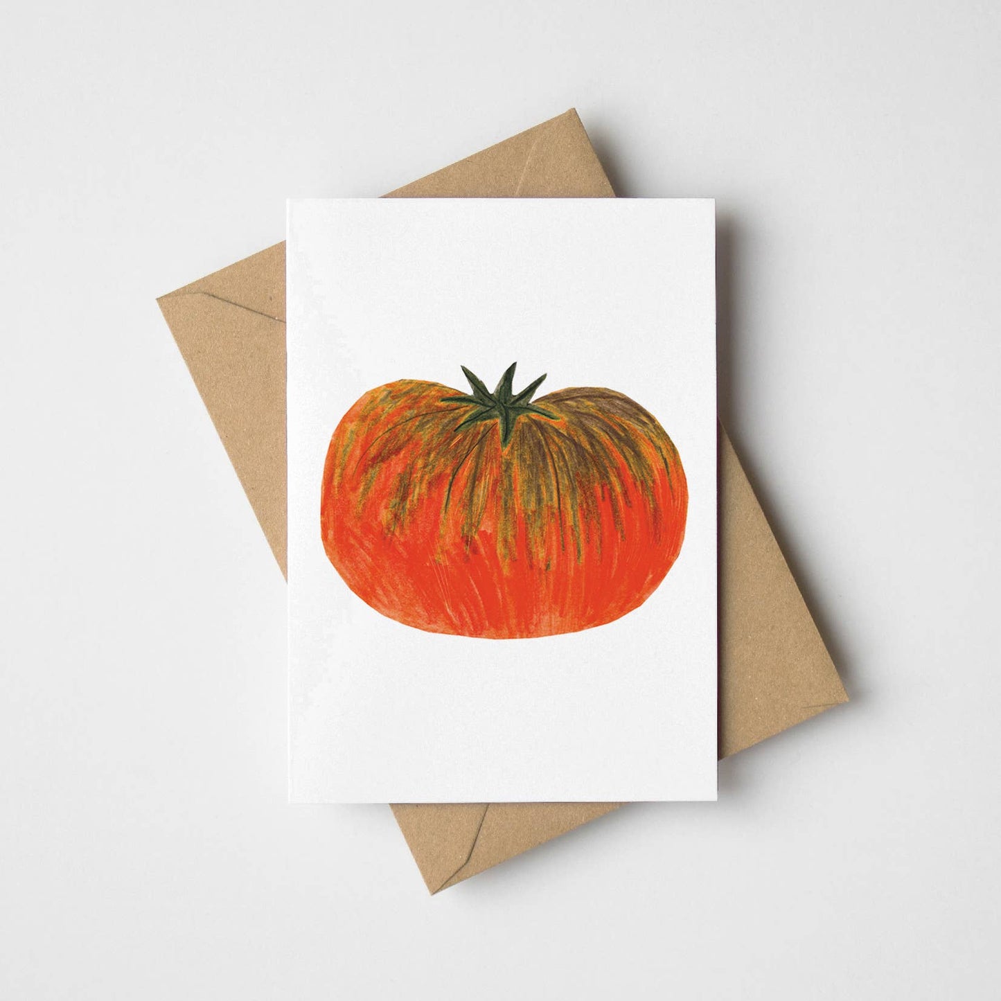 Hand-illustrated mini tomato greeting card by James Barker—vibrant red tomato artwork, A7 size, premium G.F Smith Ultrawhite Superfine card, with Kraft envelope.