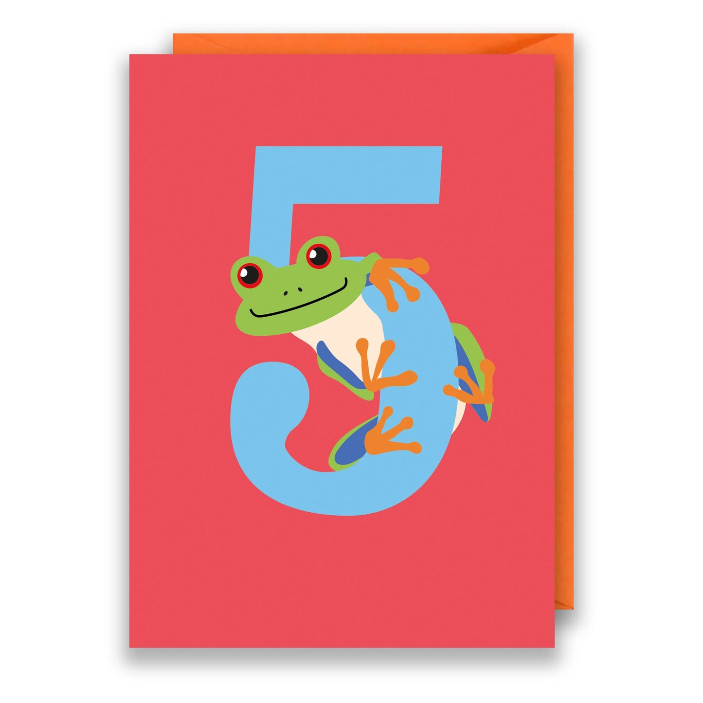 Vibrant Age 5 Kids Birthday Card featuring a smiling green frog hugging the number 5. Eco-friendly, plastic-free, and UK-made.