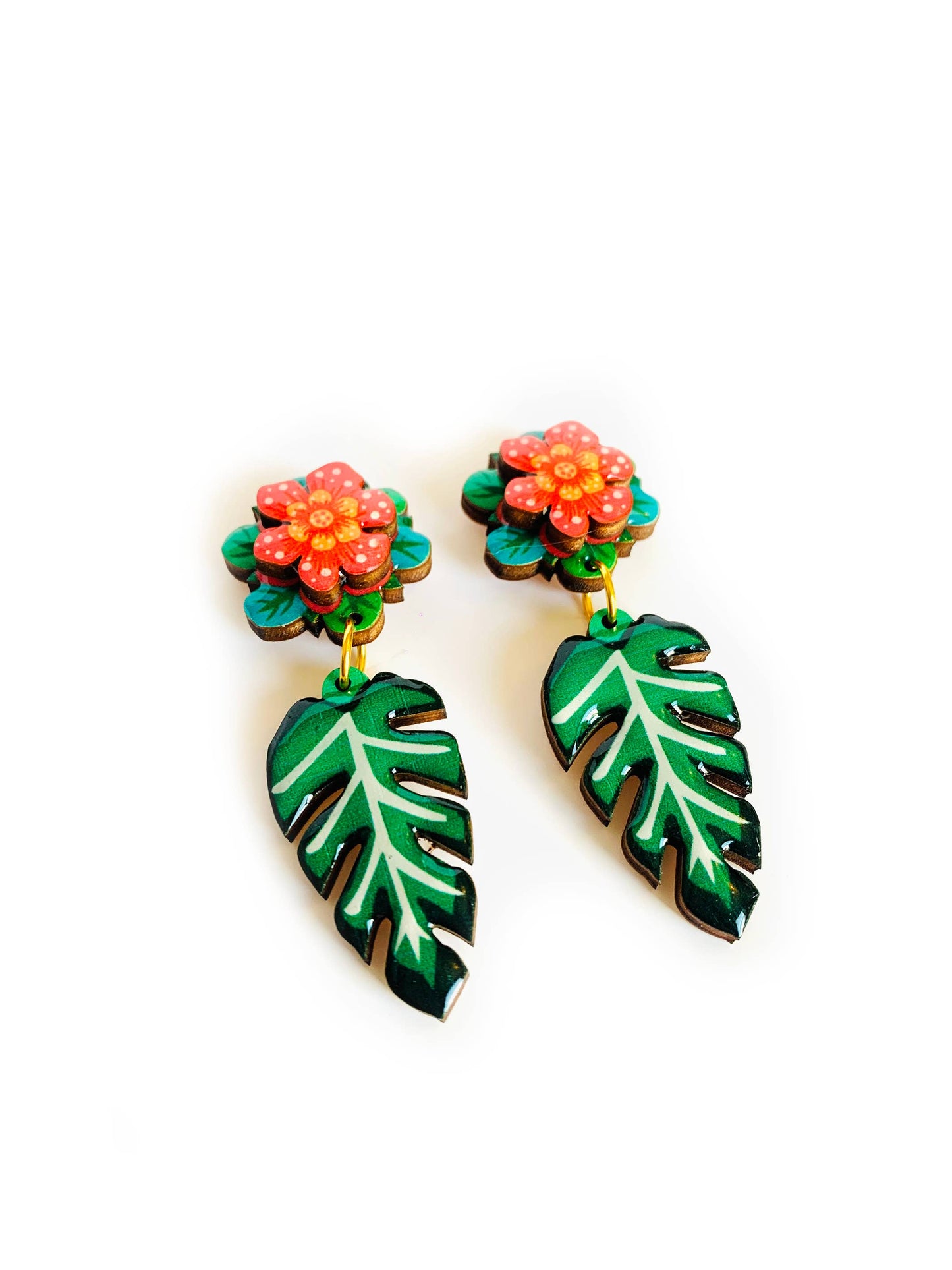 Tropical 3D red flower and drop leaf earrings.