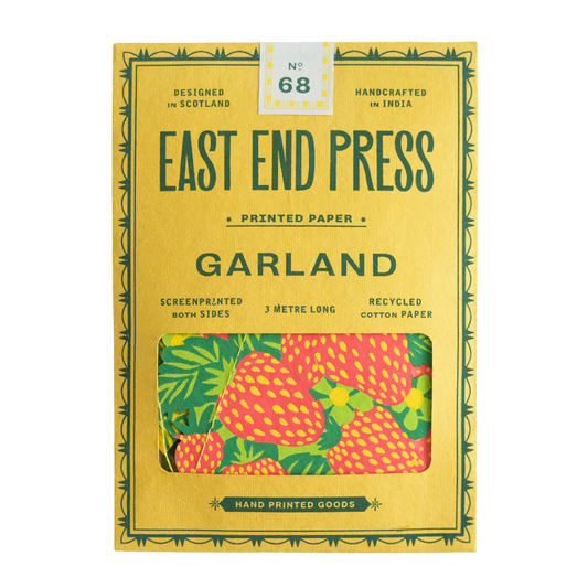 East End Press packaged Fruit Sewn Garland, featuring vibrant fruit illustrations. Recycled paper, 3-metre length, eco-friendly decor.