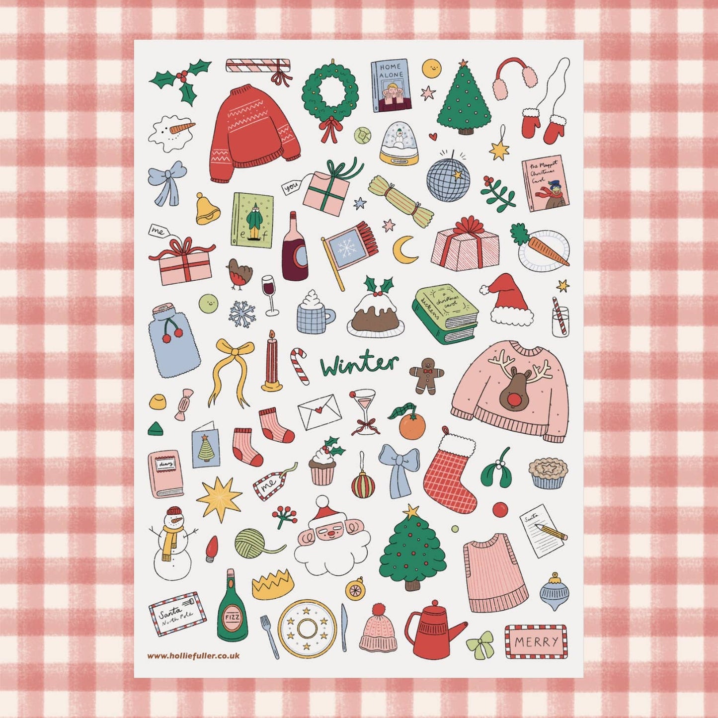 Winter Sticker Sheet by Holly Fuller – 60+ waterproof vinyl stickers on A5 sheet, UK designed seasonal art perfect for scrapbooking, journaling, and sustainable crafts.