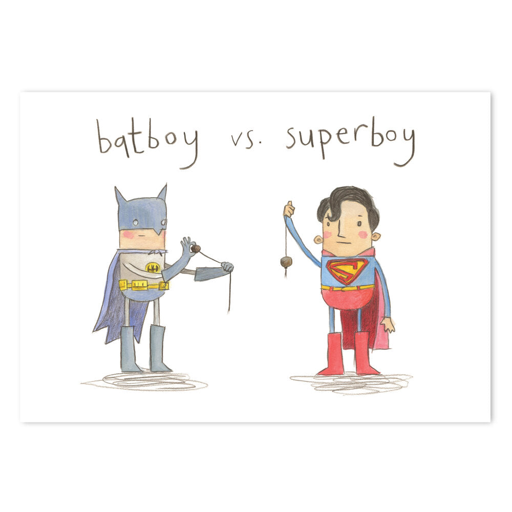Illustrated Batboy vs Superboy Birthday Card. Featuring a conker contest between a young Batman versus a young Superman.
Greetings card blank inside, card made from FSC certified paper from responsibly managed forests, 350gsm.
Envelope made from 100% recycled paper. - Greetings card size 110mm x 154mm
Supplied in a biodegradable cello bag as standard. Made in the UK