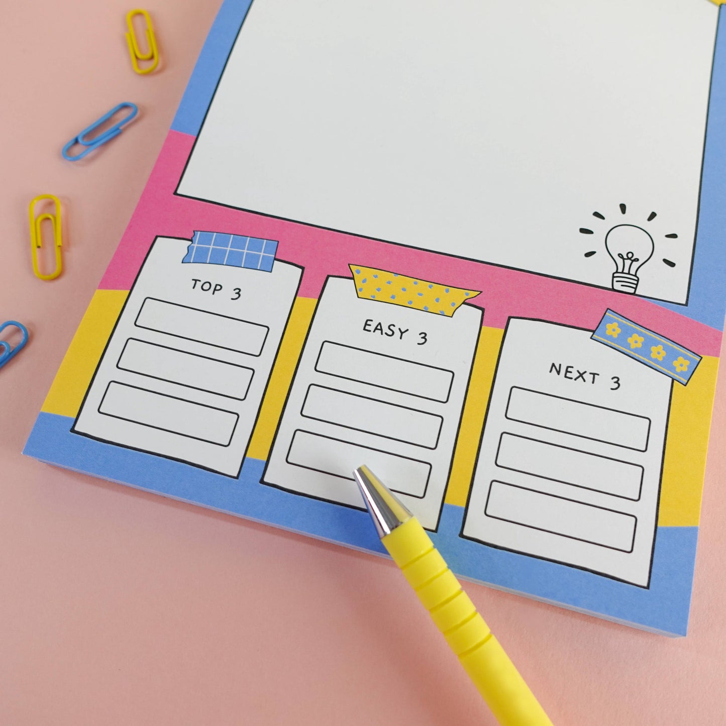 A5 Brain Dump Notepad by Sunshine Lane—lined pages with ‘Top 3’, ‘Easy 3’, ‘Next 3’ tasks section, 120gsm paper.