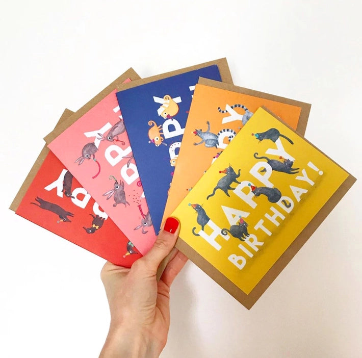Happy Birthday Animal Multipack Greeting Cards by Emily Nash. Set of six eco-friendly cards featuring various playful animals in party hats, presented in a sustainable cardboard box with recycled envelopes.
