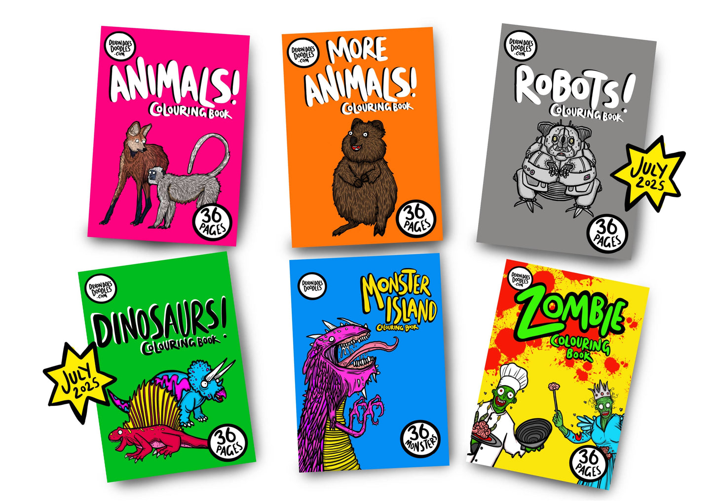 Set of coloring books with colorful covers featuring animals, robots, dinosaurs, and zombies on a white background.