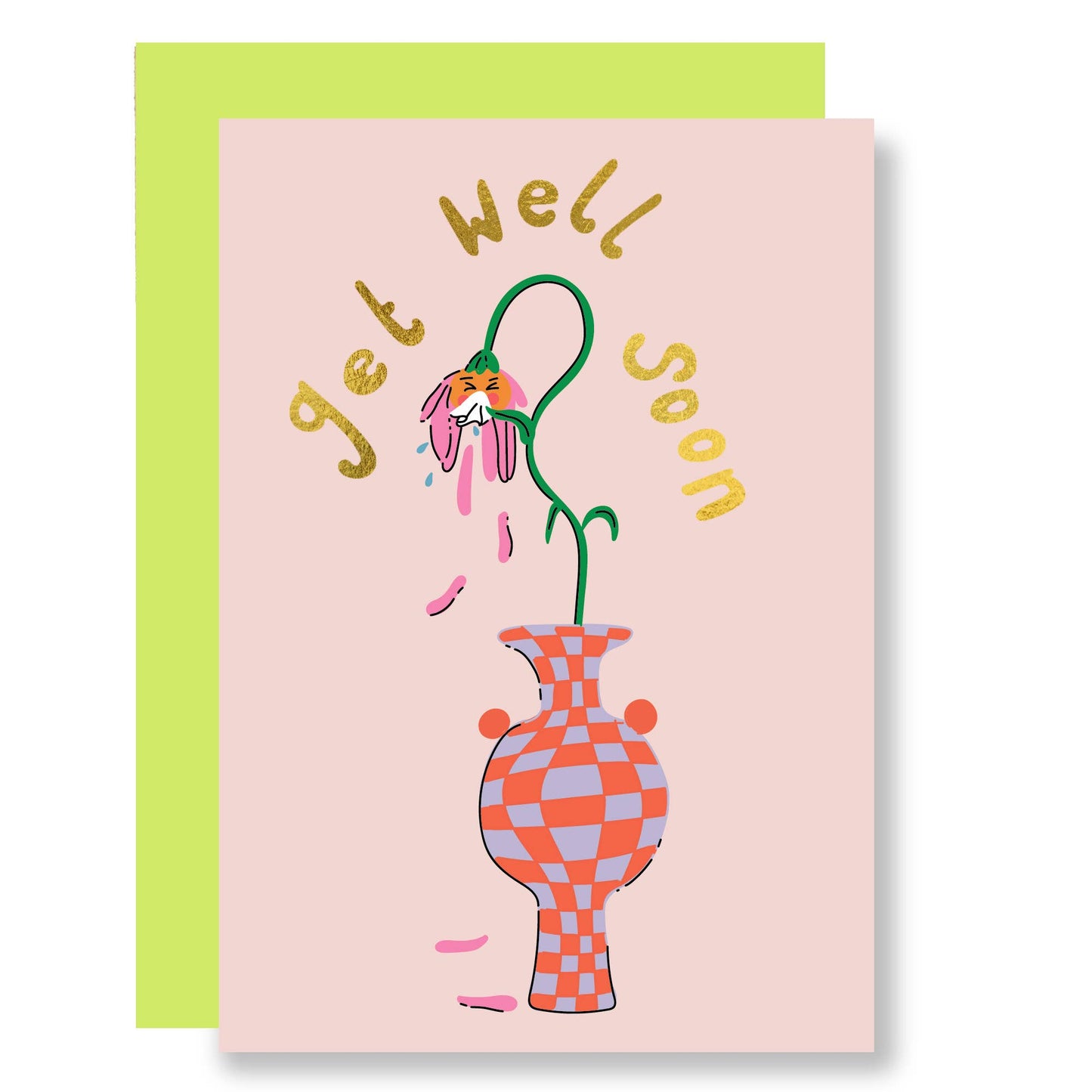 Close-up of 'Get Well Soon' greeting card featuring a whimsical sneezing flower in a vase with gold foil accents, accompanied by a plain brown Kraft envelope. Sustainable, UK-made.