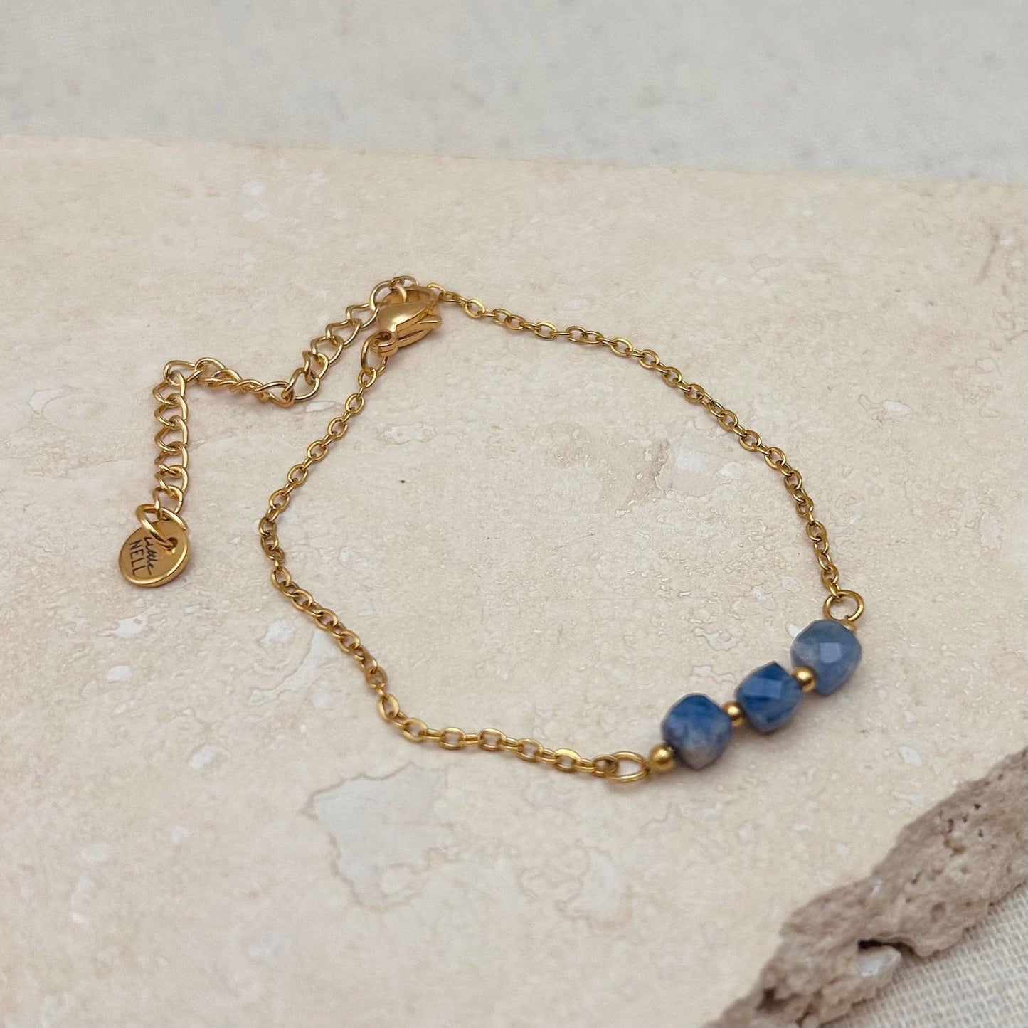 Little Nell lapis trio bead bracelet, gold-plated, waterproof, adjustable chain, and celestial blue lapis lazuli beads