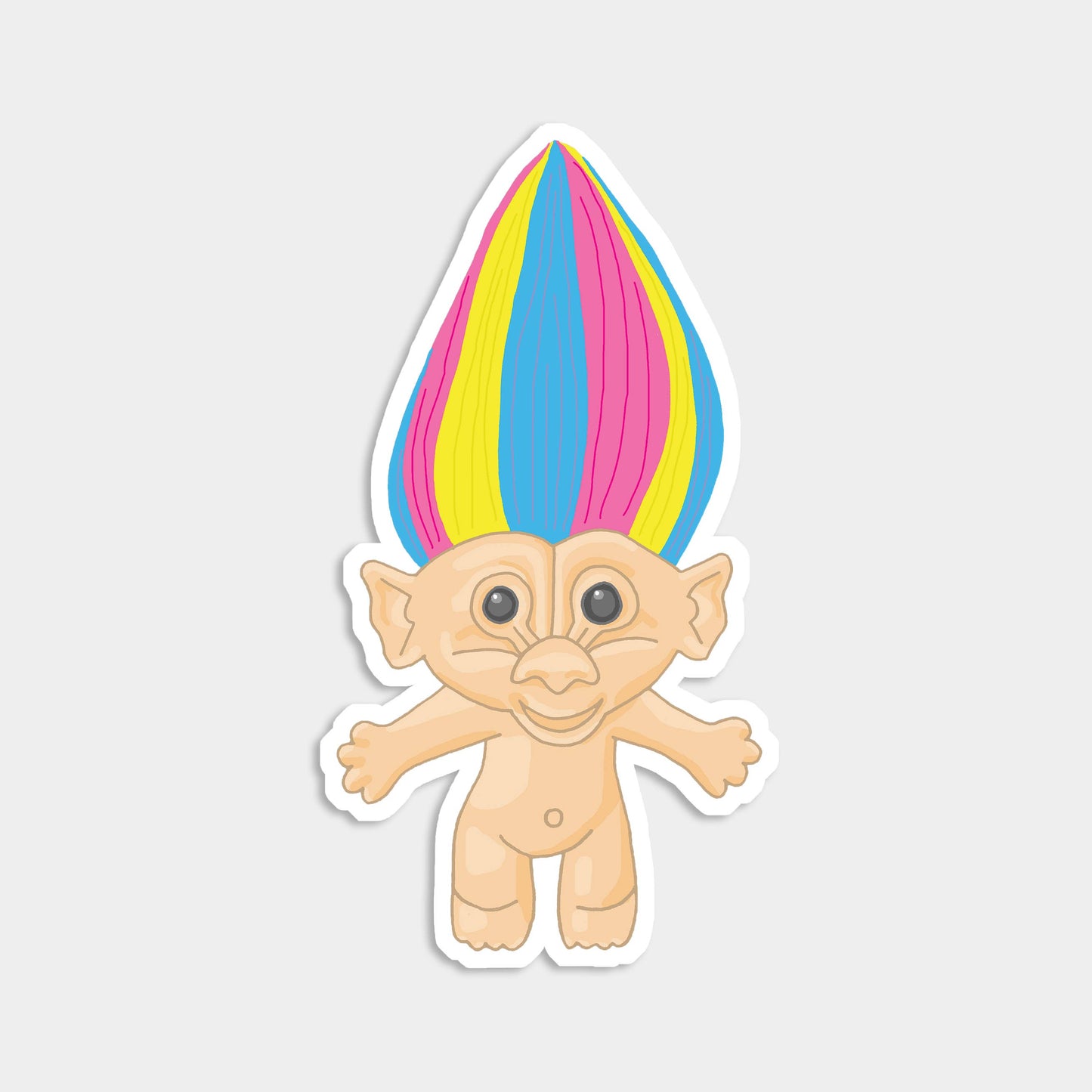 Hand-drawn rainbow haired troll vinyl sticker – retro 90s doll with wild rainbow hair, perfect for laptops, water bottles, and collectors of vintage pop culture.