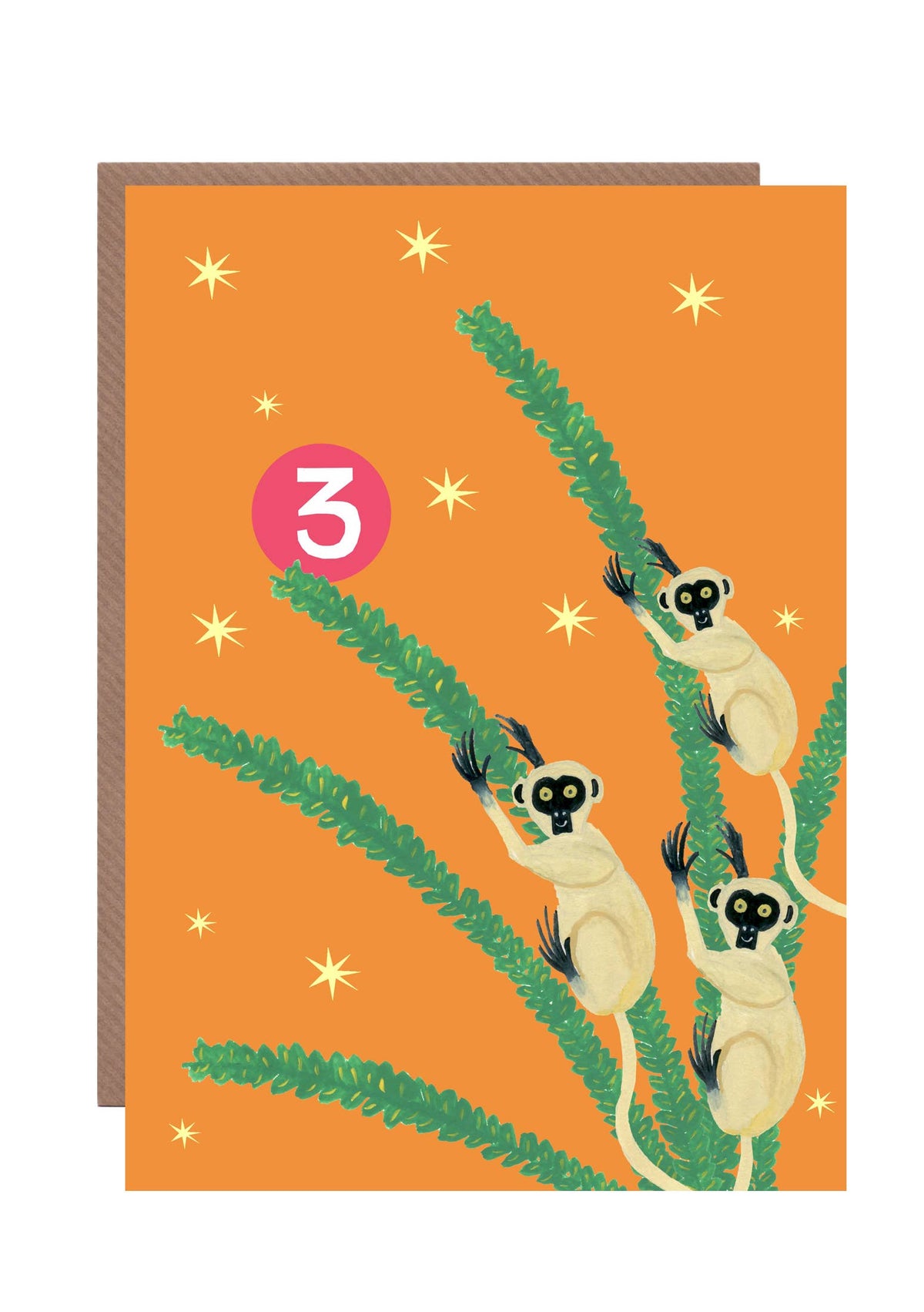 Close up of vibrant lemur illustration on sustainable birthday card