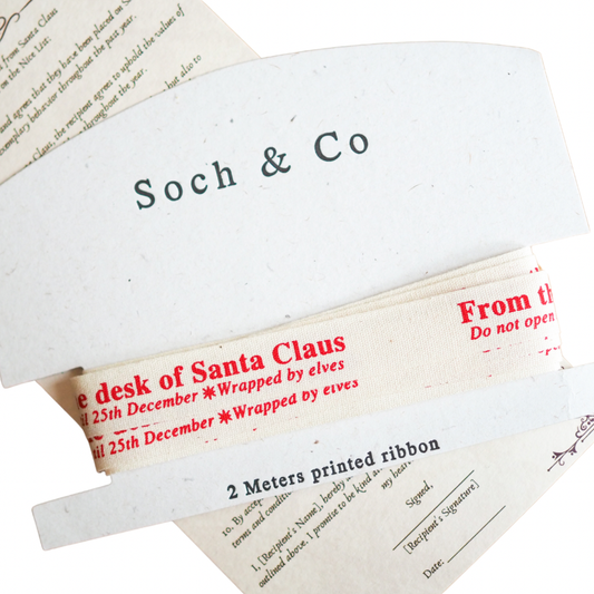 From the Desk of Santa Claus natural cotton Christmas ribbon by Soch & Co.—2 metres festive ribbon on backing card, soft, eco-friendly, nostalgic design.