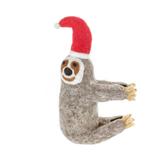 Handmade felt Christmas Sloth tree topper decoration by Felt So Good, sustainable wool with needle felted scarf and Christmas hat, biodegradable and eco-friendly